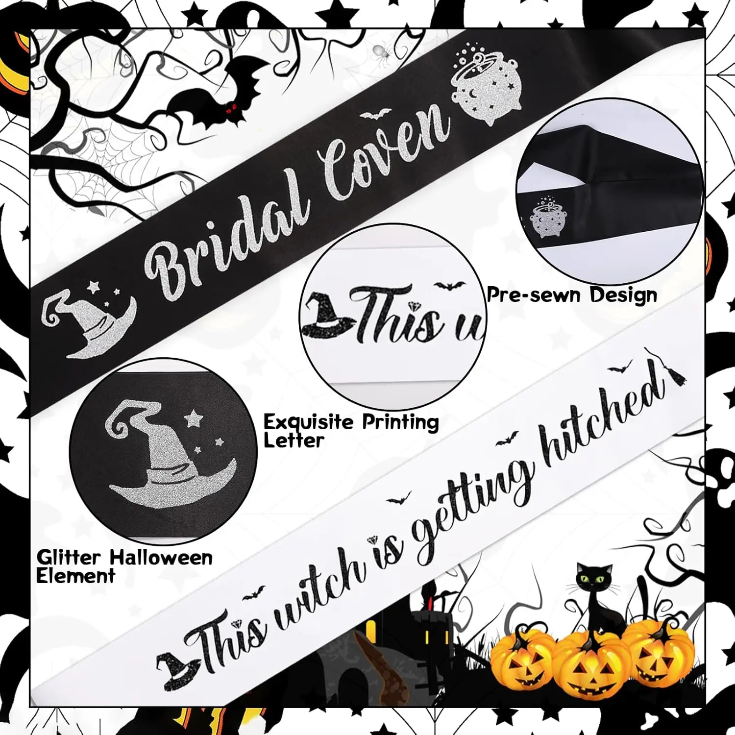 1/7Pcs Bachelorette Party Sash Set,Bridal Coven Sashes with Witch Hat and Jar Pattern for Bridal Witch Theme Halloween Party image 3