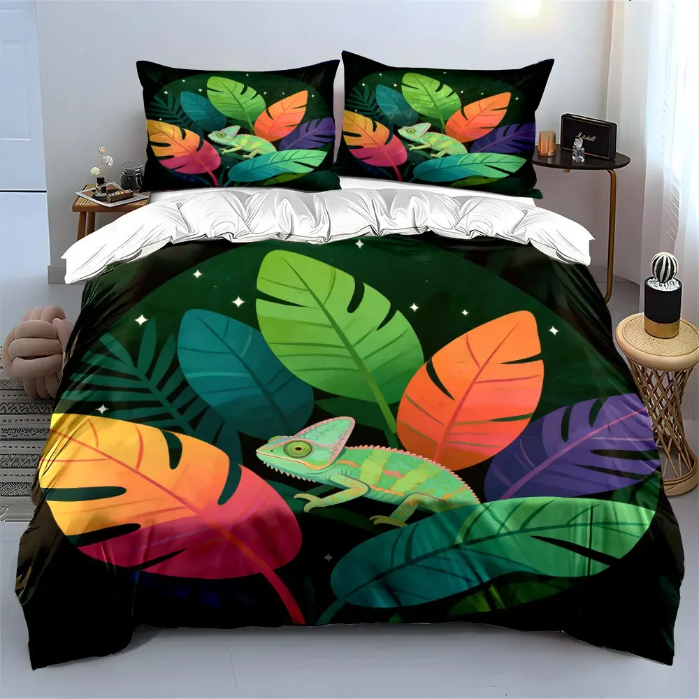 Chameleon Jungle Themed Art Set Soft Comfortable Duvet Cover Bedding Set Included 1*Duvet Cover & 2*Pillowcases, gift