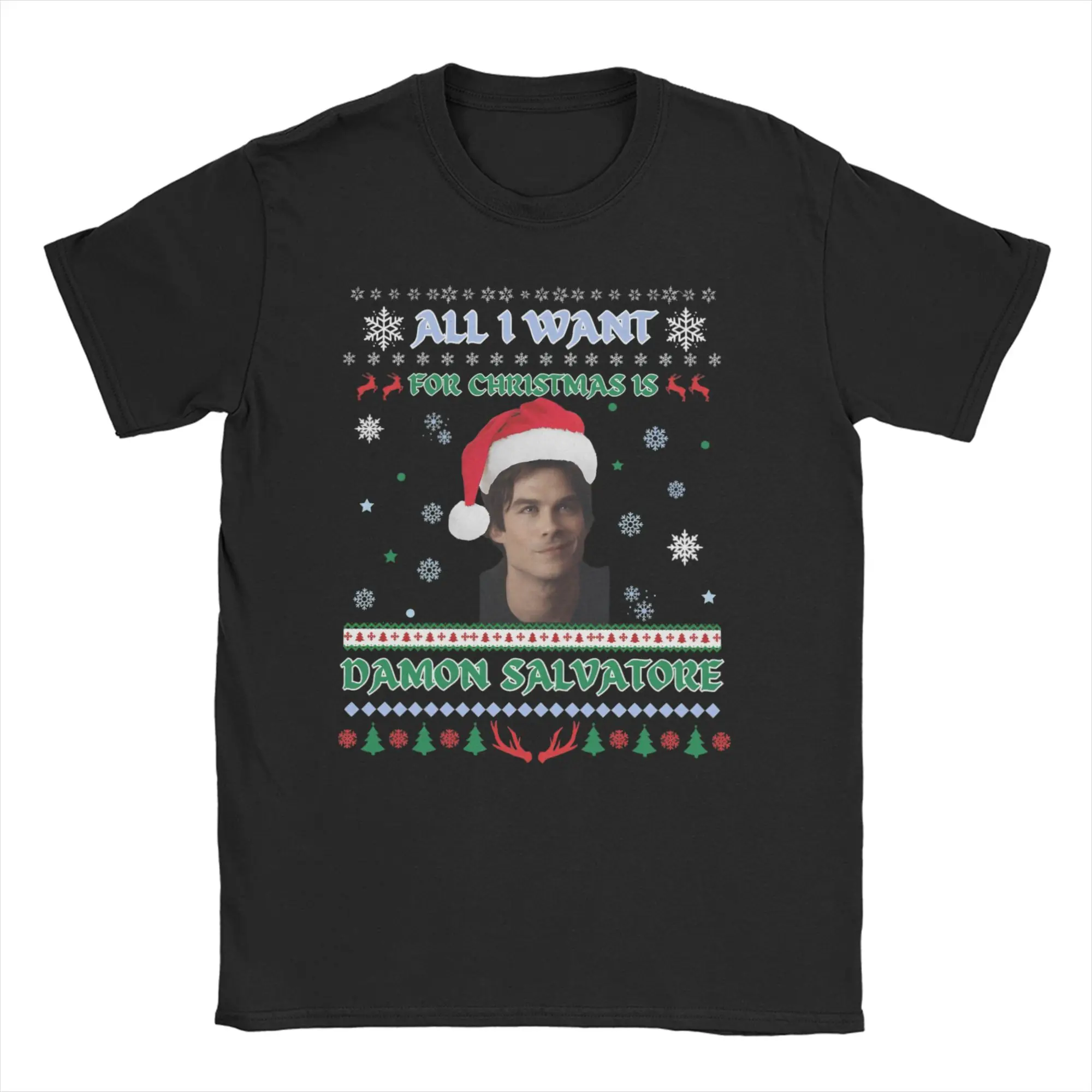 Men Women All I Want For Christmas Is Damon Salvatore T Shirt Vampire Diaries Xmas Pure Cotton Crewneck Tee Shirt Summer T-Shirt