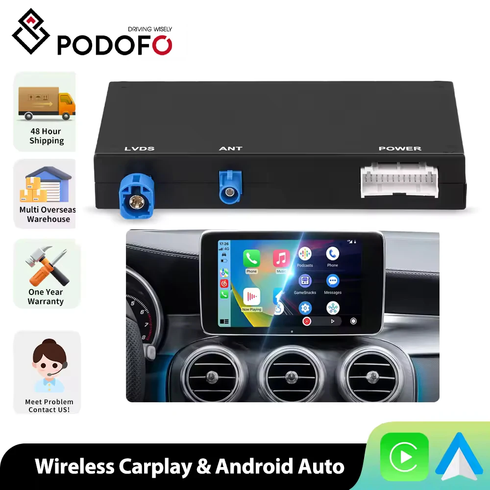 Podofo draadloze CarPlay Android Auto adapter voor Benz NTG5.0/5.1/5.2 C-Klasse W205 GLC 2015 BT GPS navigatie spraakbesturing