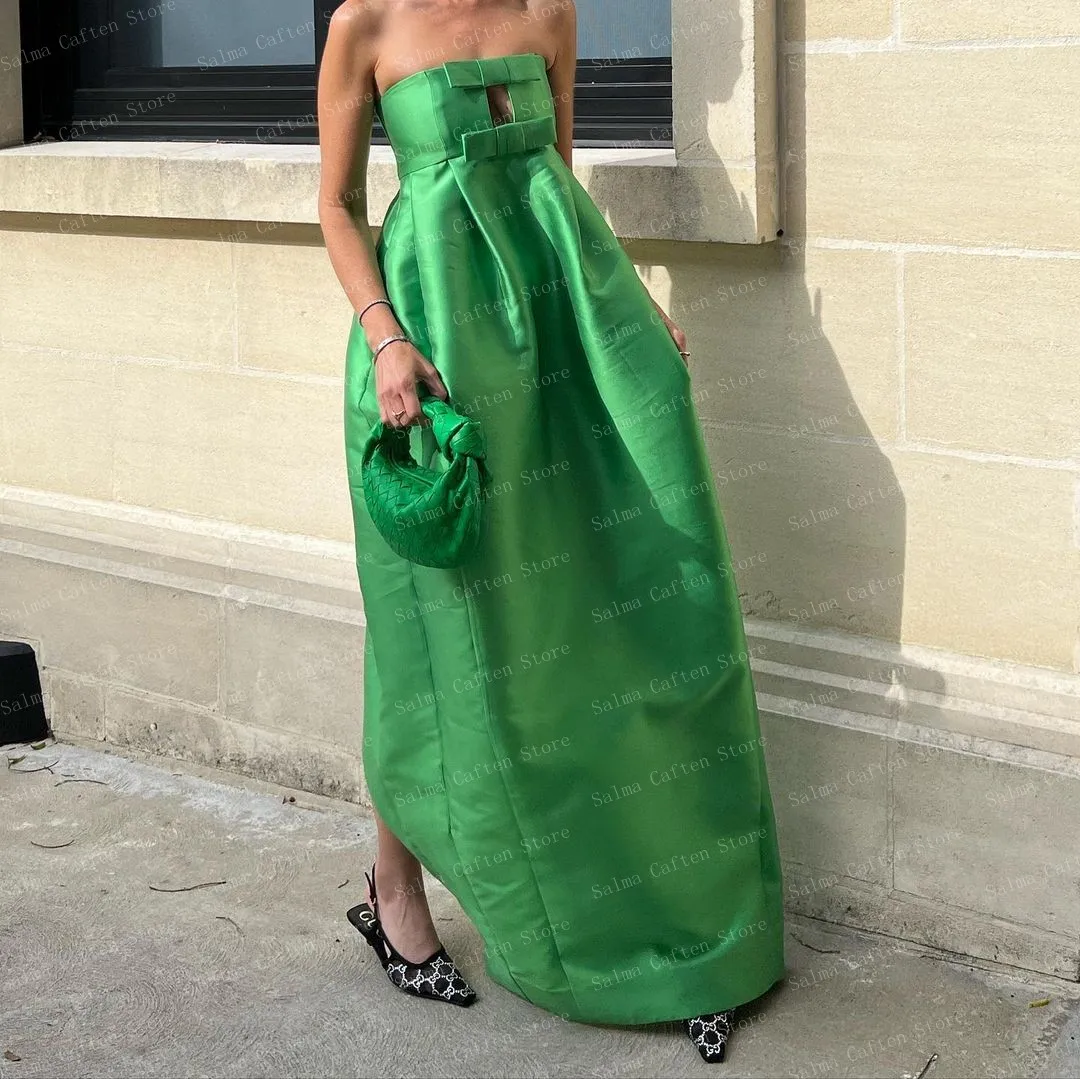 Strapless Straight Green Satin Long Evening Dress Cutout Women Clothing Elegant Event Dress For Prom Custom Made Wedding Gown