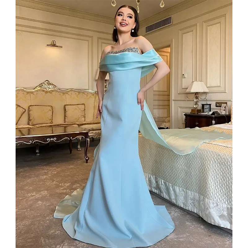 

Sexy Off The Shoulder Strapless Celebrity Gown Sequined Ruched Mermaid Evening Dresses Sweep Train Satin Formal Dress