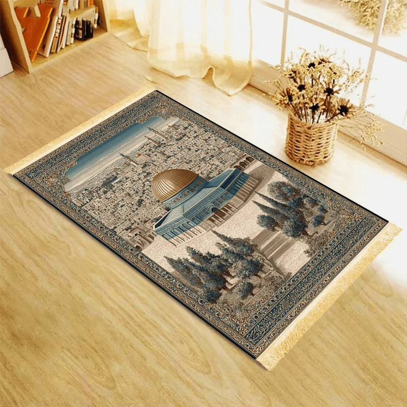 VIKAMA Luxury Sky Blue Mosque Prayer Mat, Flowing Tassel Muslim Praying Mat, Anti-slip Portable Pilgrimage Mat, Home Decoration