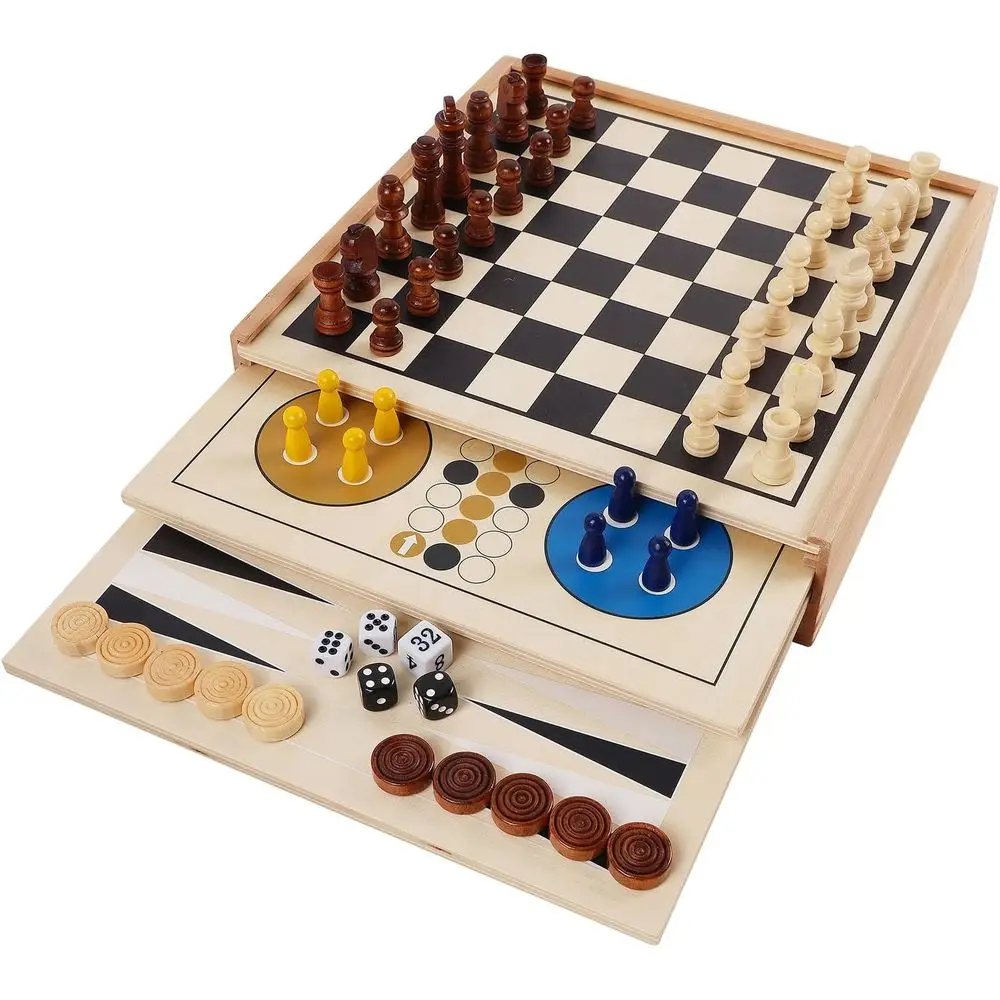 

Juegoal 7-in-1 Wooden Board Game Set or Kids Adults, Tabletop Combo Classic Travel Portable Board Games (Ch, Checkers, Chinese C