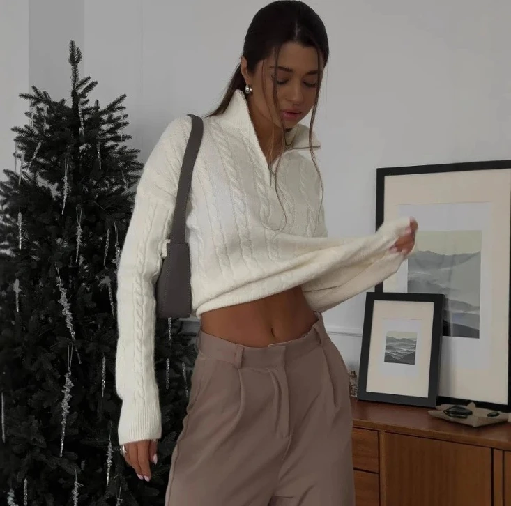 

Зимний новый однотонный свободный вязаный свитер с половиной молнии из жареного теста, дизайн, вязаный свитер на плечах для женщин