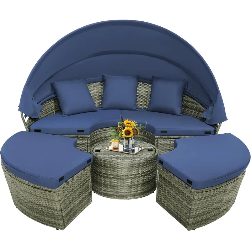 Outdoor Round Daybed with Retractable Canopy PE Wicker Sectional Seating Furniture with Cushions and Throw Pillows Separates