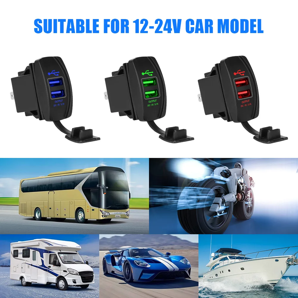 For Car RV Camper Caravans Universal 5V 3.1A LED Auto Adapter Dual USB Ports Car Charger Dustproof Phone Charger Waterproof
