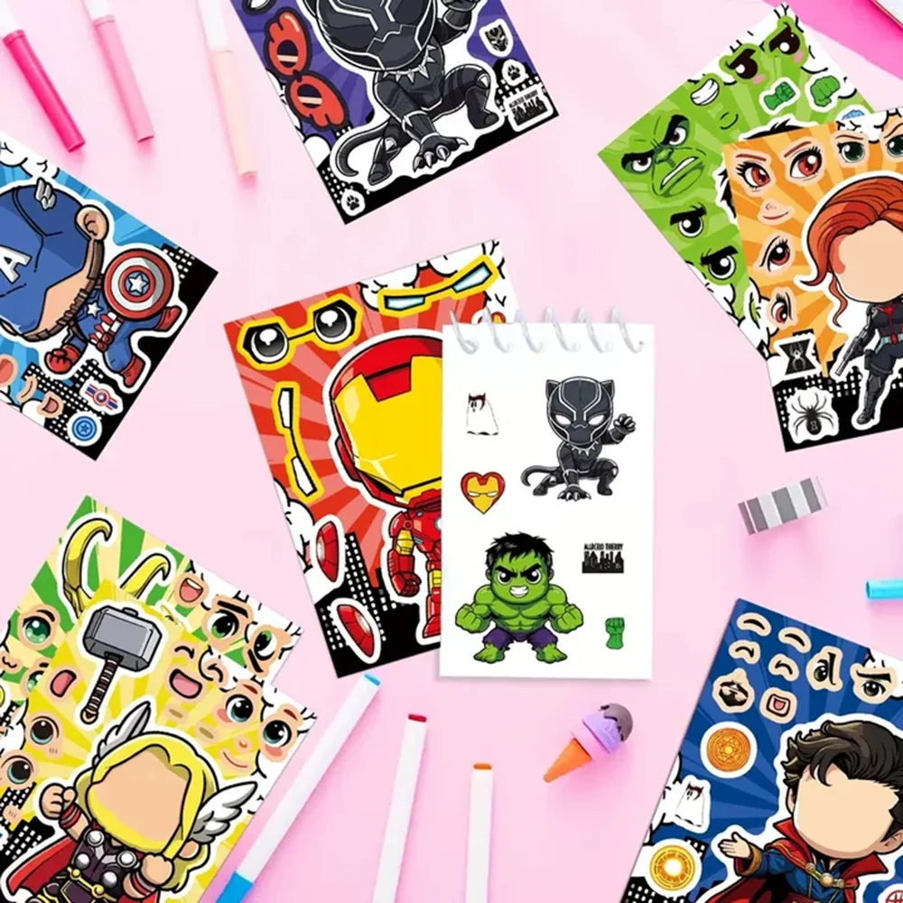 8/16 листов Marvel супергерои Мстители Make-a-Face головоломка наклейка DIY ноутбук Чемодан скейтборд граффити наклейки для подарка