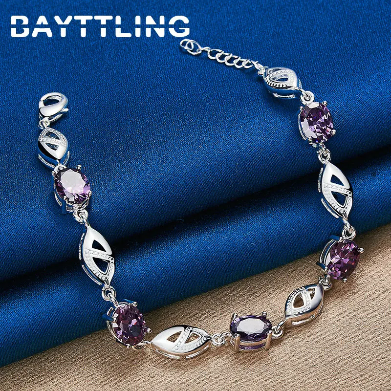 

New 925 Sterling Silver 8 Inches Purple Oval Zircon Bracelet For Women Fashion Party Wedding Gifts Charm Jewelry Accessories