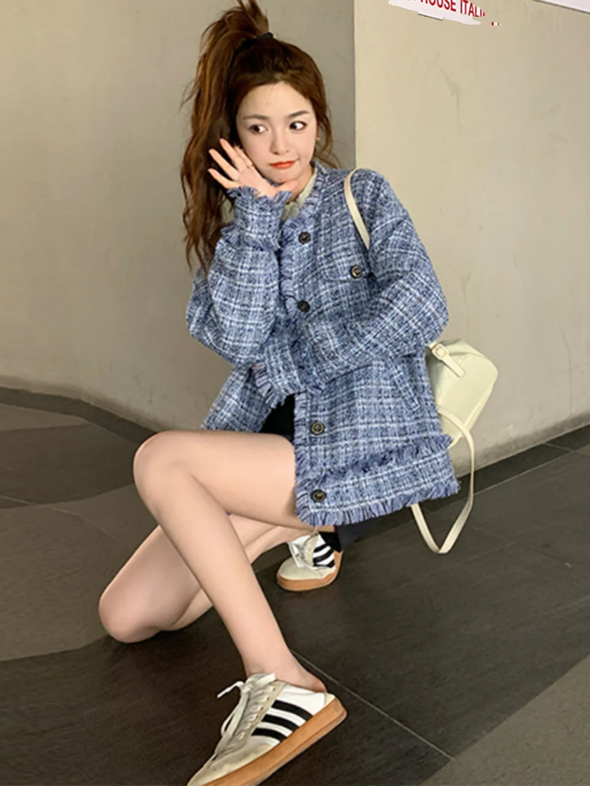 

Blue Plaid ort Quilted Coat Women's Faion Spring Autumn 2025 New Small Size Ele High-End Feel Commute Sle Loose Fit