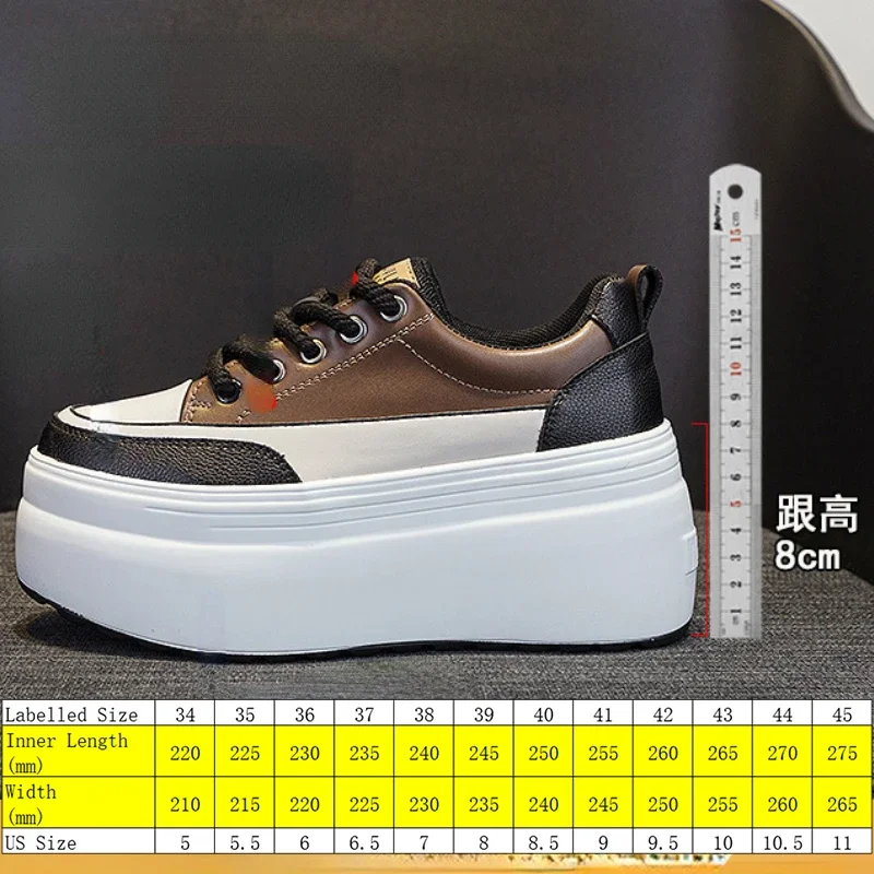 Fujin 8cm  Genuine Leather Women Spring Autumn Mixed Color Lace Up Stable High Platform Sneakers Fashion Ladies Vulcanize Shoes