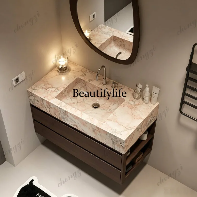 Medieval style bathroom cabinet rock slab integrated basin side open grid washbasin cabinet