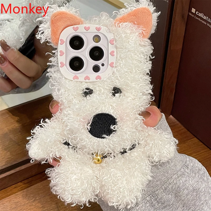 3D Cute West Highland Dog Fluffy Plush Phone Case For iPhone 16 Plus 15 Pro Max 14 13 12 11 Warm Winter Soft Silicone Back Cover