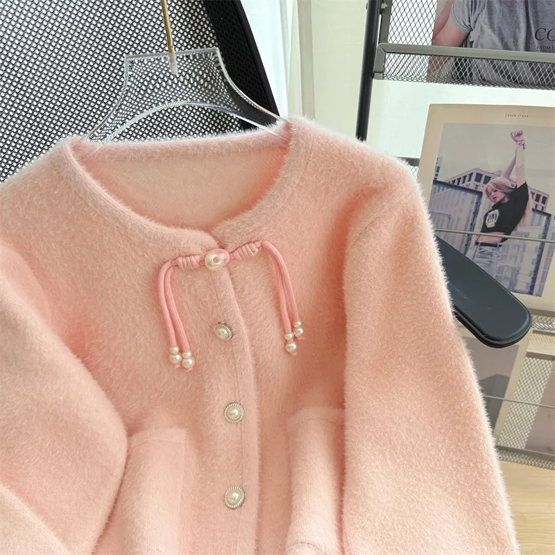 

Solid Long Sleeves Knitted Cardigan Vintage Chic Coat 2025 Korean Fashion New Sweater Women O Neck