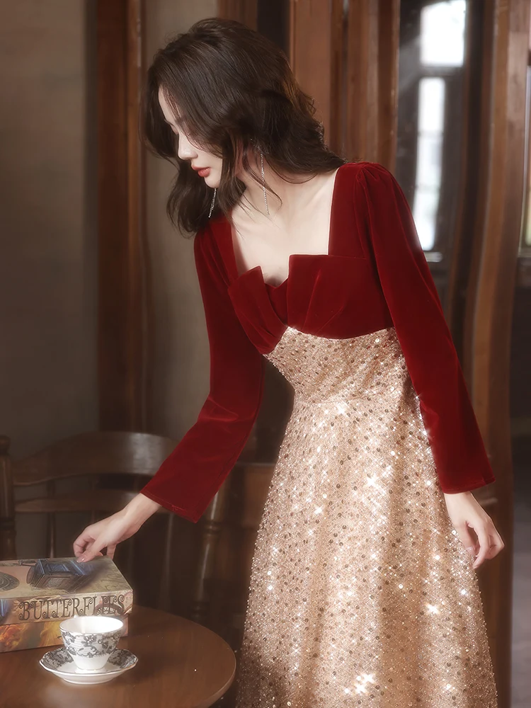 

Ele Long Sve Evening Gown Wedding Dr for New Year's Par Engagement Toasting Red Color Bridal Dr Korean Sle