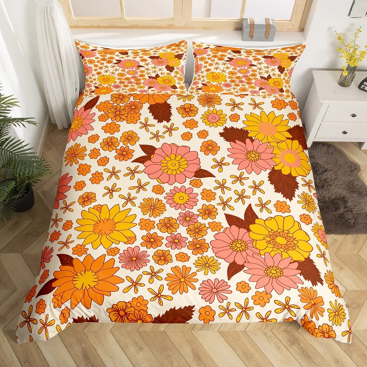 Retro Flowers Duvet Cover Watercolor Yellow Floral Green Leaves Plant Comforter Cover and 2 Pillowcases Trippy Style Bedding Set