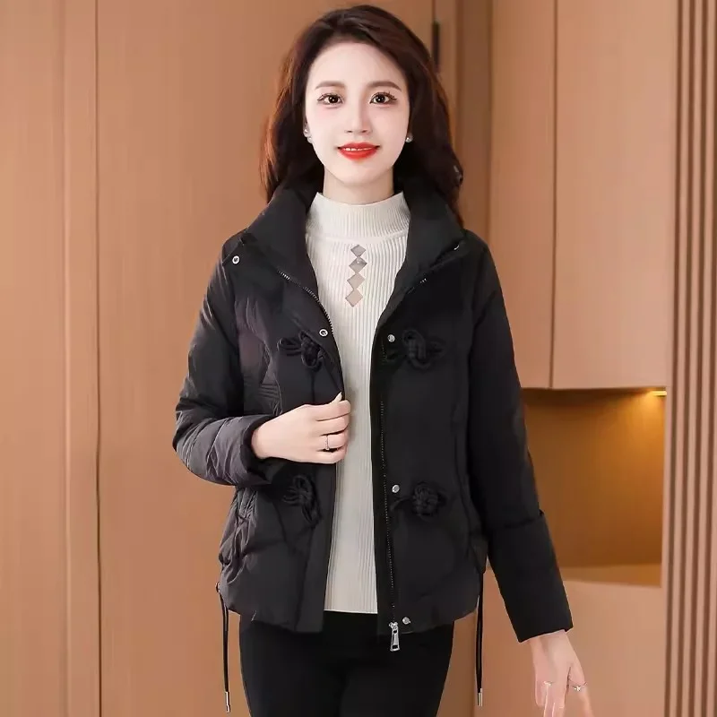 Pop 2024 Winter New Casual Warm Coat Fashion Stand Up Collar Down Cotton Coat Women's Versatile Thickened Cold-Proof Coat Solid