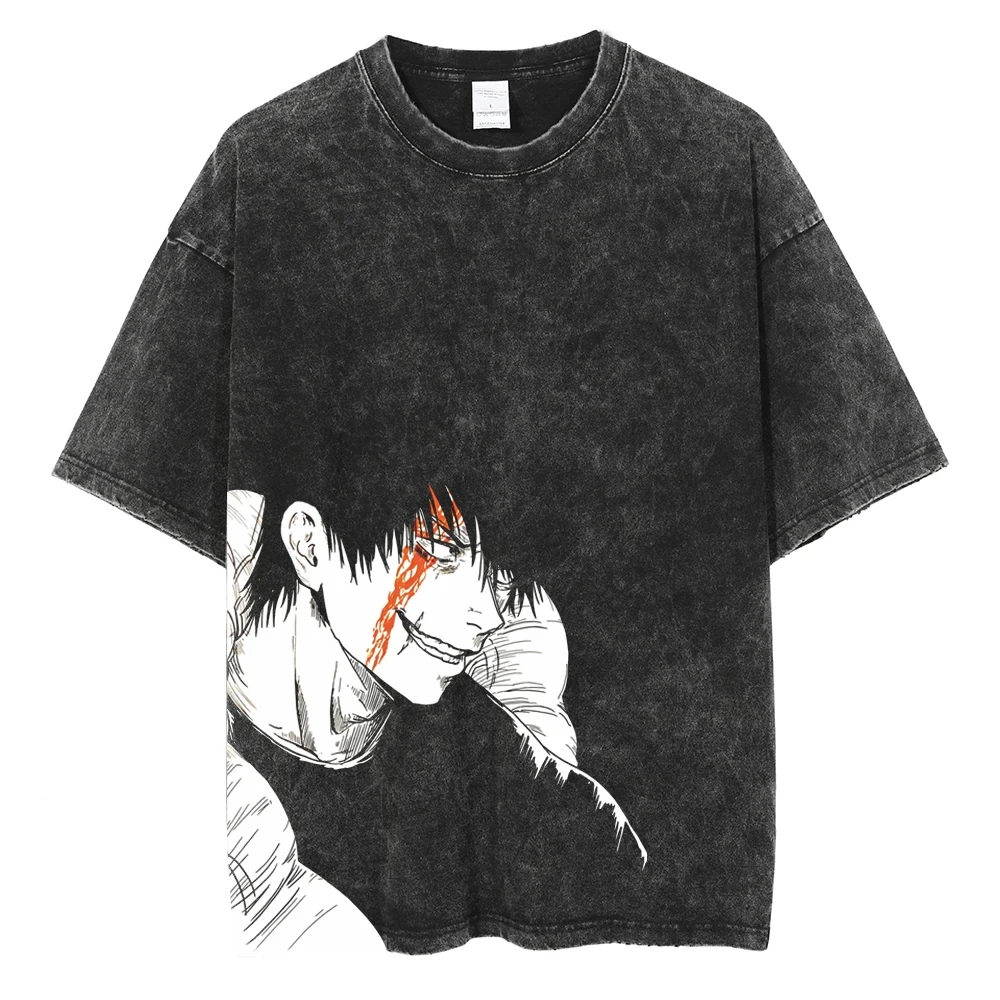 Fashion Vintage Japanese Anime Graphic Print Oversize T-Shirt Men Washed Tshirt Summer Hip Hop Streetwear Harajuku Cotton Tees