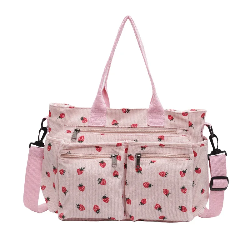 

Women Strawberry Shoulder Bag Fashion Corduroy Tote Large Capacity Stylish Crossbody Bag Adjustable Strap Outdoor Travel Bag