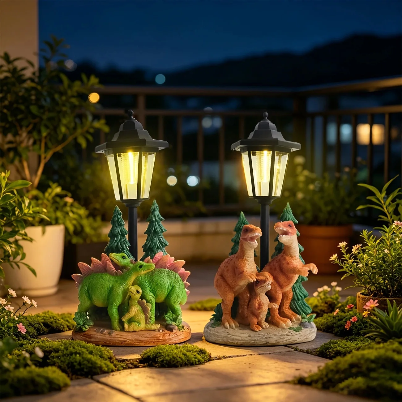Dinosaur family resin handicraft ornament outdoor statue light solar charging garden sculpture decorative light