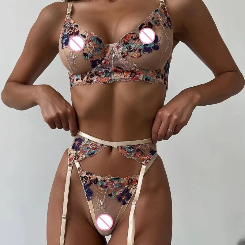

Erotic Lace Underwear Transparent Embroidery 3-Piece Sexy Lingerie Sets with Garter Belts Women Fancy Beautiful Erotic Costumes