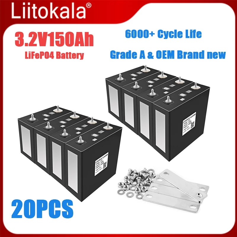 

20PCS LiitoKala 3.2V 150AH Lifepo4 Rechargeable Battery Solar Cell 8S 24V Pack With Free Busbars For EV RV Boats