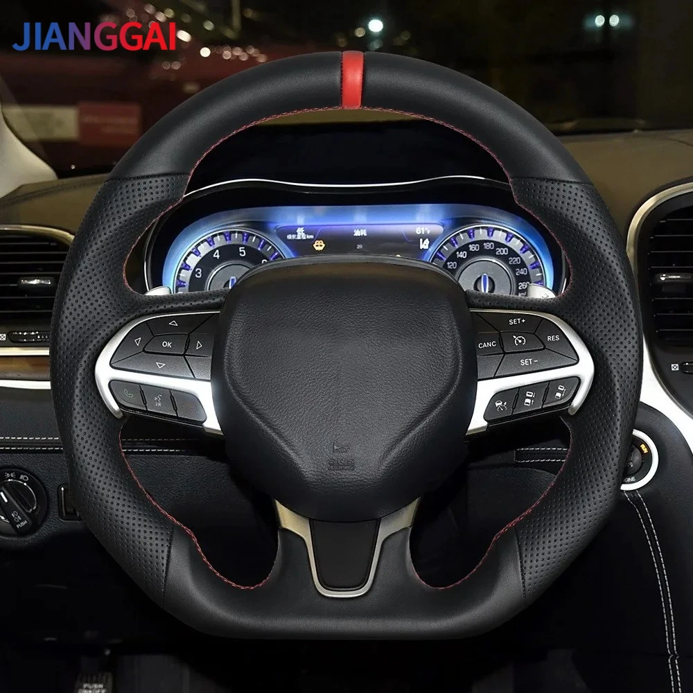 Full Leather Steering Wheel Round-Top Flat-Bottom Red Stitch For Chrysler 300C 2015-2023 Sport Modified Racing Steering Wheel