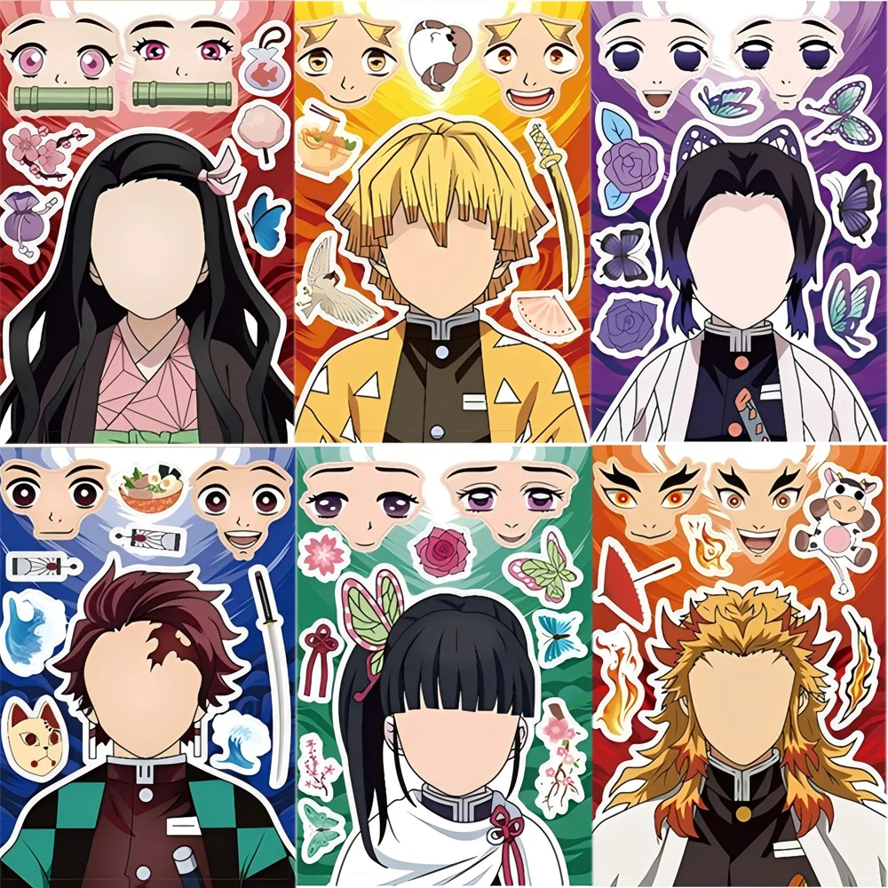 

8/16sheets Anime Demon Slayer Puzzle Stickers Make a Face Decoration Decal DIY Assemble Jigsaw Cartoon Decals Fun Party Toy Gift