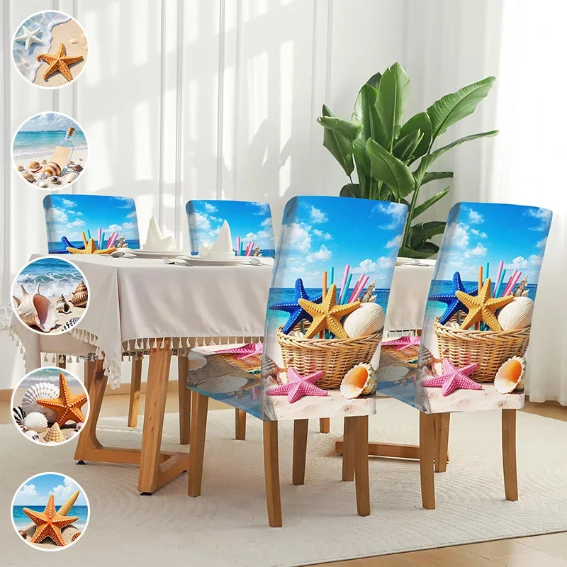 

Elastic printed dining chair cover, blue ocean star shell pattern, removable and washable non-slip dining chair cover