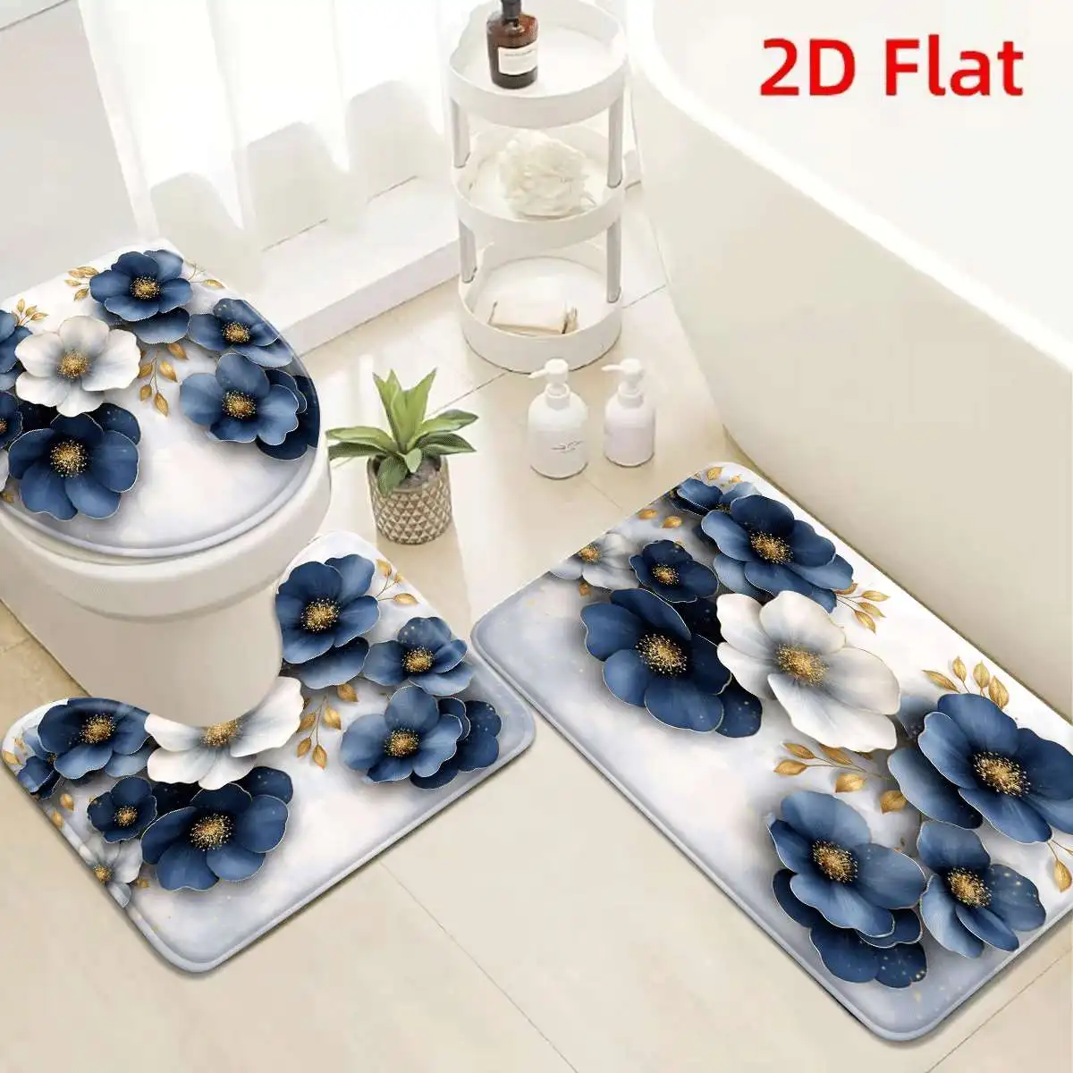 

3Pcs Navy Blue White Floral Bath Mat Non Slip Absorbent Toilet Rug with Lid Cover for Bathroom Washable Flannel