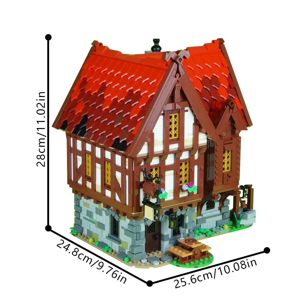 Moc blocos de construção de taverna medieval, modelo de arquitetura medieval, vista de rua, tijolos de restaurante vermelho, brinquedo montado, presente para crianças