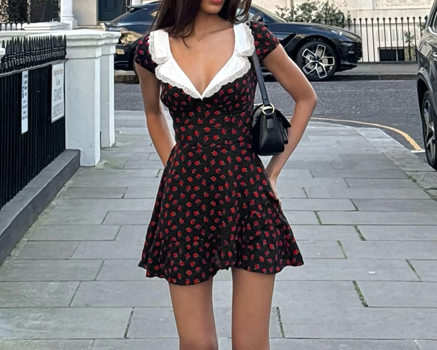 

Red Rose Floral Short Sleeve Dress Vintage Slim Fit V Neck A Line Summer Dress