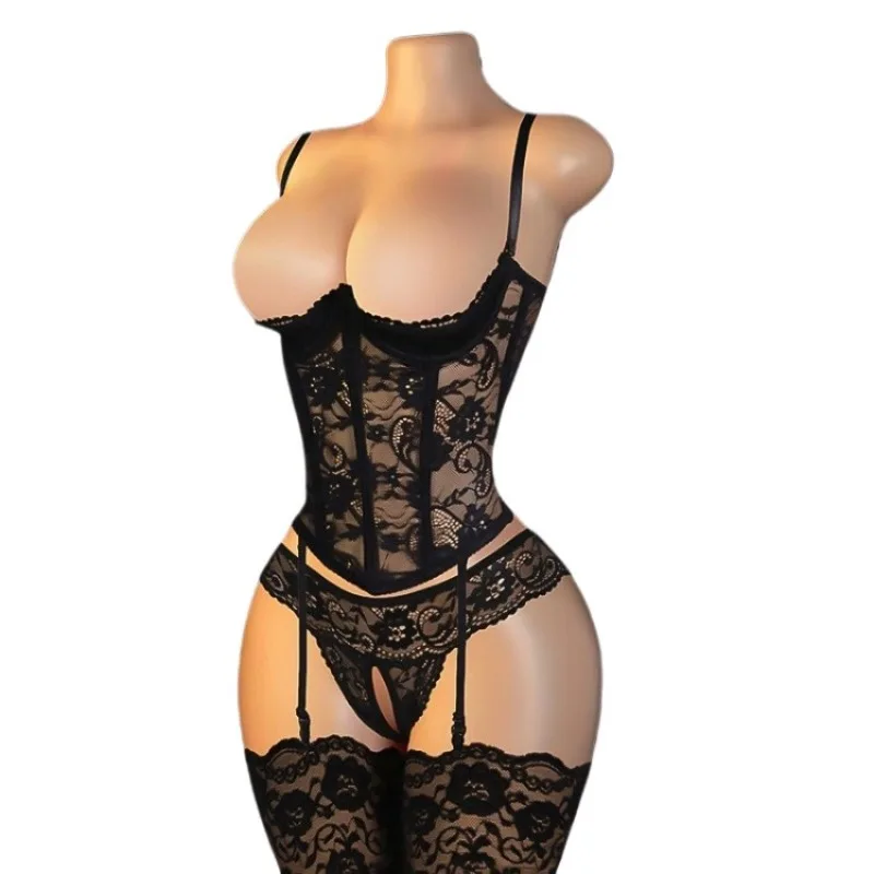 

Комплект из 4 предметов: сексуальное женское белье, бюстгальтер без чашечек на косточках, стринги с открытой промежностью, пояс для чулок с подвязками, чулки, топ-корсет, бэбидолл