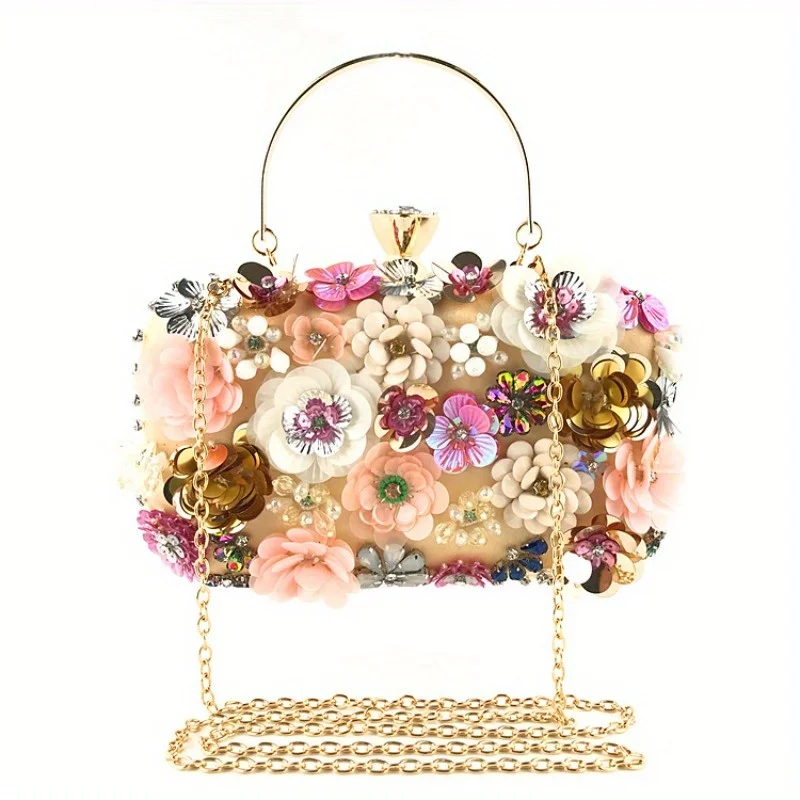 3D Beaded Flower Evening Bag, Elegant Box Clutch Purse, Women\'s Wedding Handbags For Party Prom