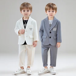 Boys Casual Suit White Gentleman Formal Wedding Tuxedo 2 To 12 Year Spring Autumn Children Host Speech Piano Performance Costume