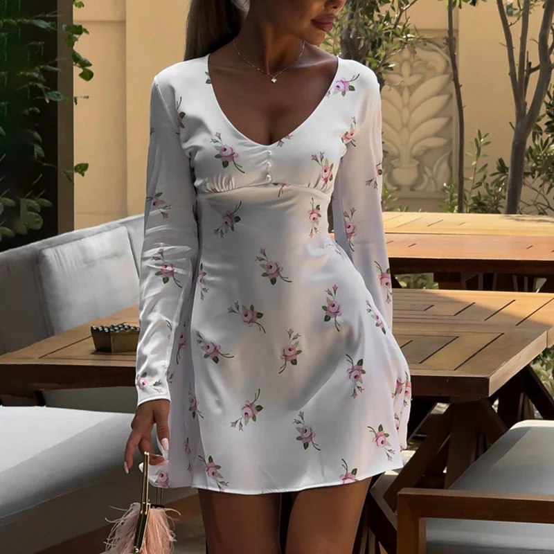 

Tornova Satin Printed Dress Women's New Long Sleeve V neck A-line Dress Casual Elegant Commuting Outfits High Waist Flower Dress