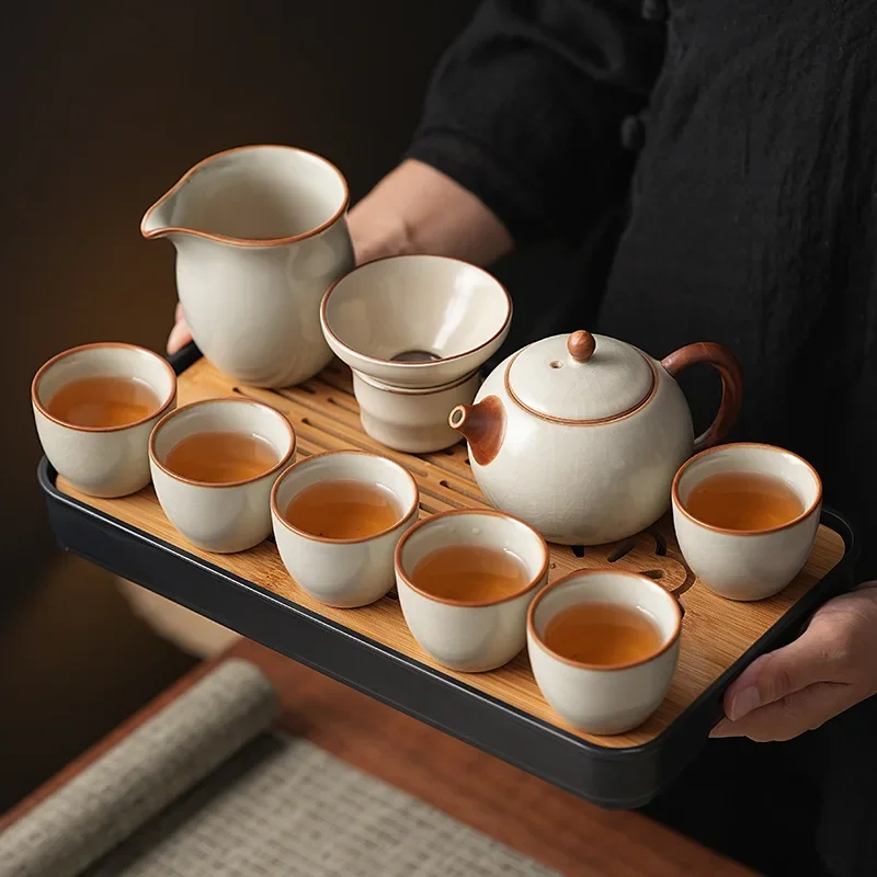 Chinese Tradition Teapot High-end Ru Kiln Kung Fu Tea Set Home Living Room Office Travel Bag Outdoor Ceramic Teapot Gift Box