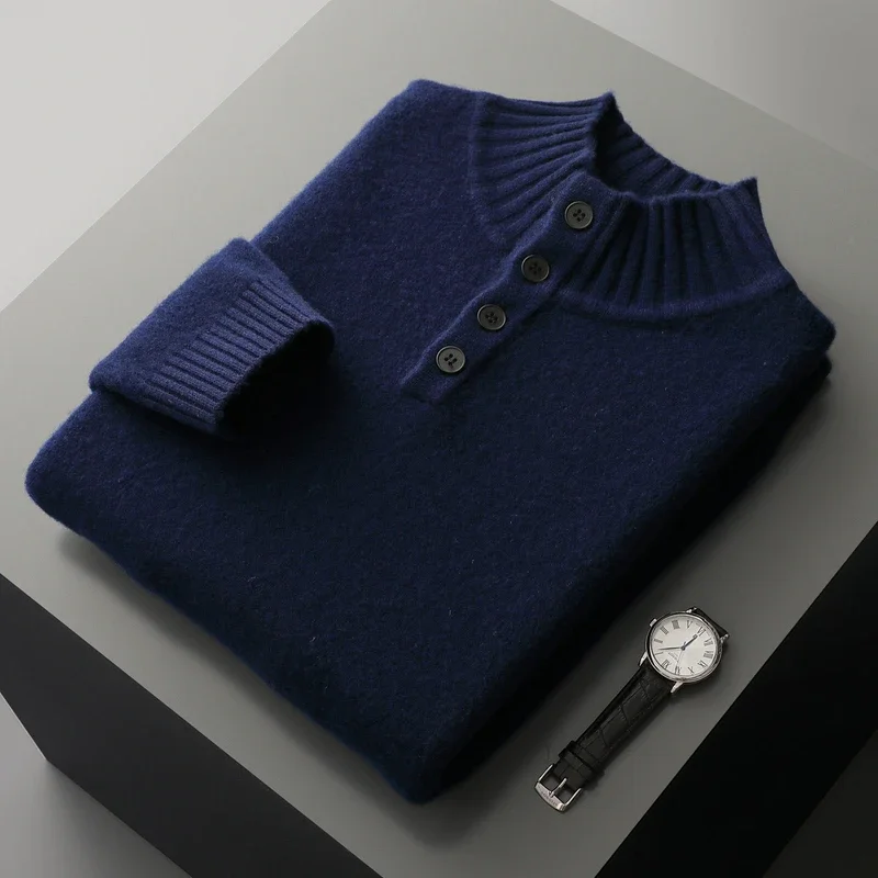 Tcyeek Men's Thick 100% Wool Sweater Mock Neck Long Sleeve Buttons Pullover Sweater Autumn Winter Soft Warm Wool Knitwear Tops