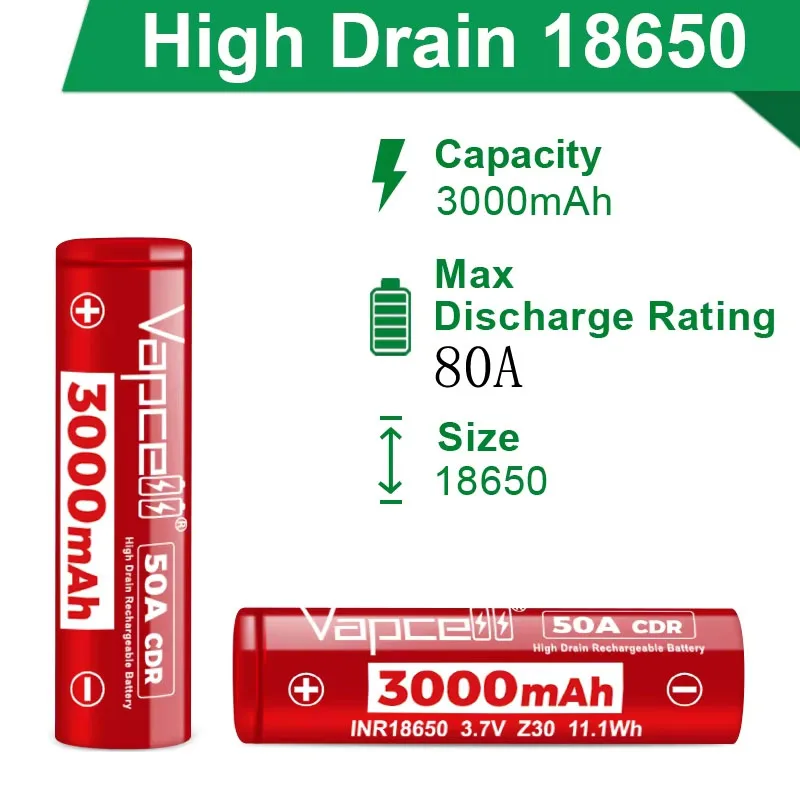 بطارية عالية التصريف INR18650 Vapcell Z30 18650 3000mah 3.7V 50A CDR بطاريات ليثيوم أيون قابلة للشحن حزمة بطارية خلية طاقة قوية