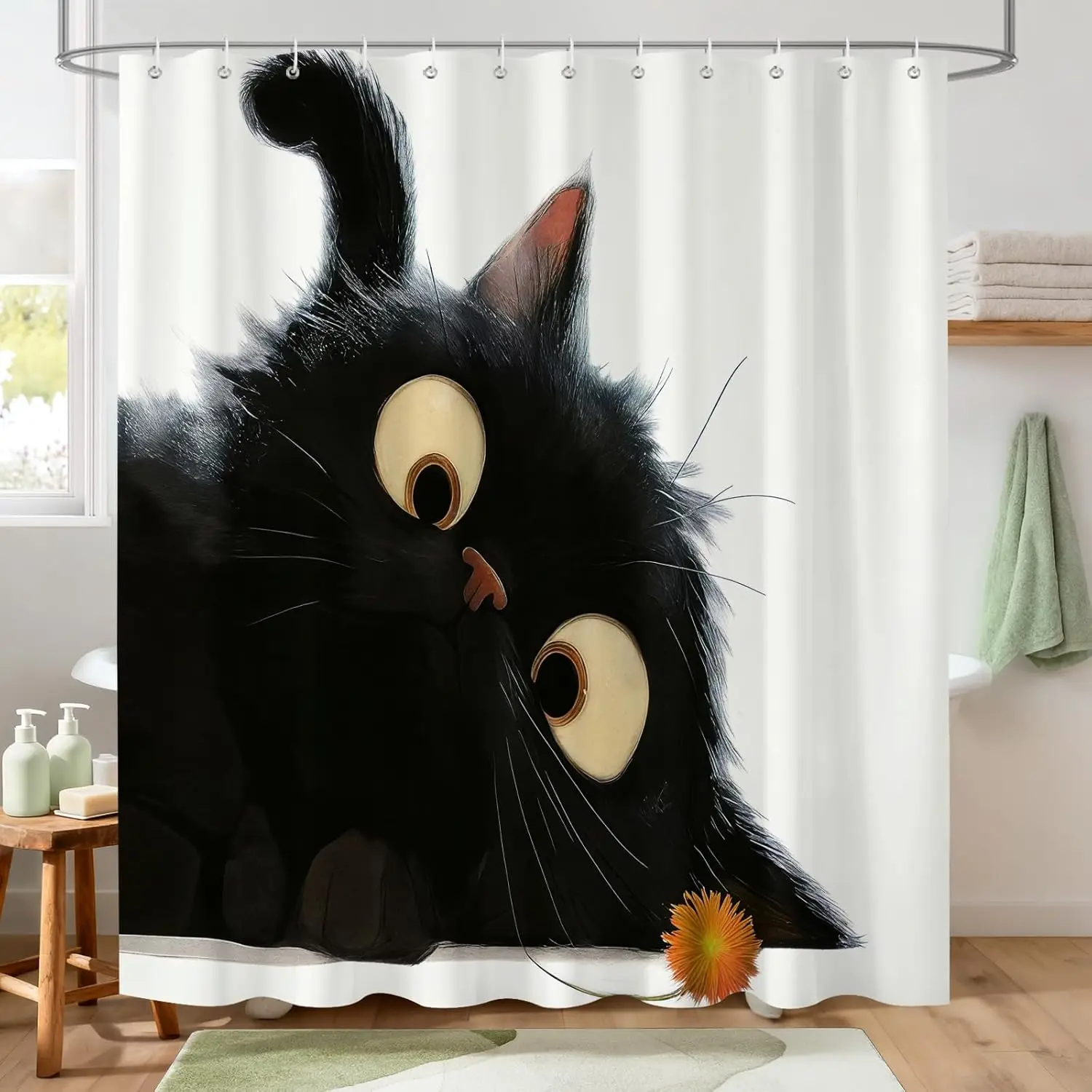 

Cute Black Cat Shower Curtain Big Eyes Design Bathroom Decor Animal Art Waterproof Bath Curtain