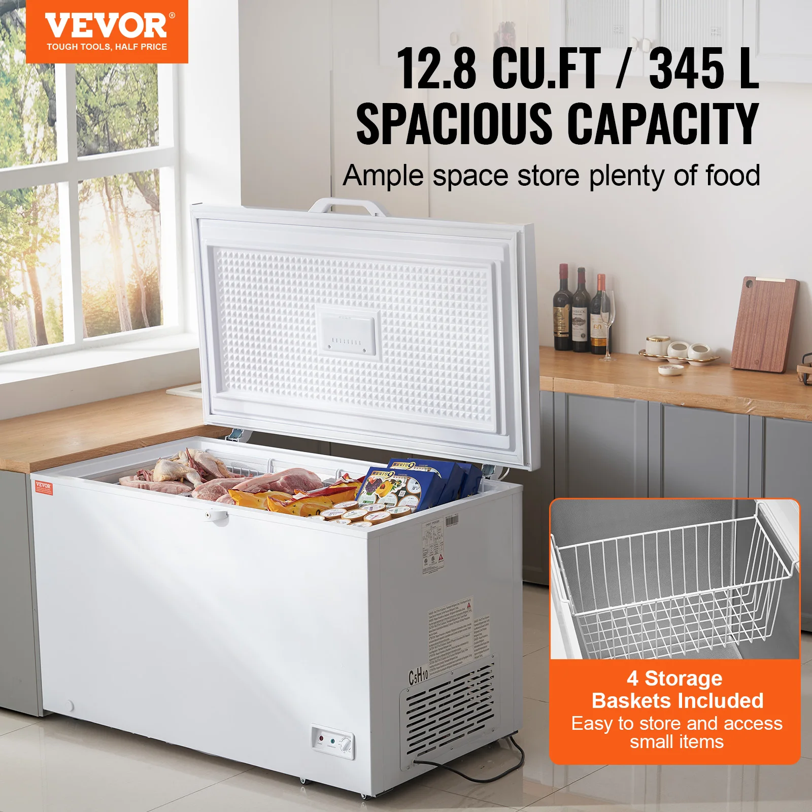 VEVOR Chest Freezer, 345L Large Deep Freezer & 4 Removable Baskets,Freestanding Top Open Door Commercial Chest Freezers,6 Wheels