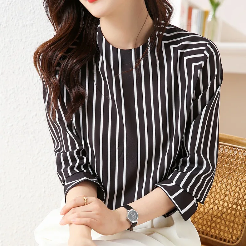 Autumn French Shirt Women Top Casual Fashion Stripe O-Neck Long Sleeve Blouse Office Lady Tops Vintage Loose Clothes Blusa