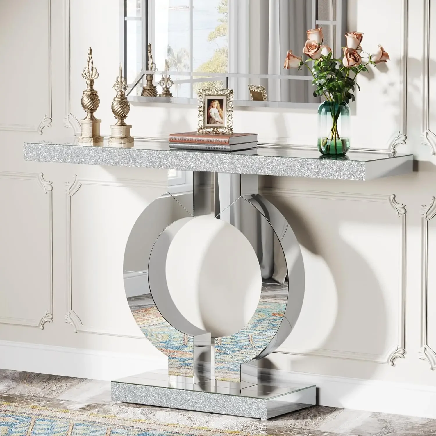 43-Inch Mirrored Console Table with O-Shaped Base, Modern Entryway Table Glass Sofa Table with Mirror Finish, Rectang