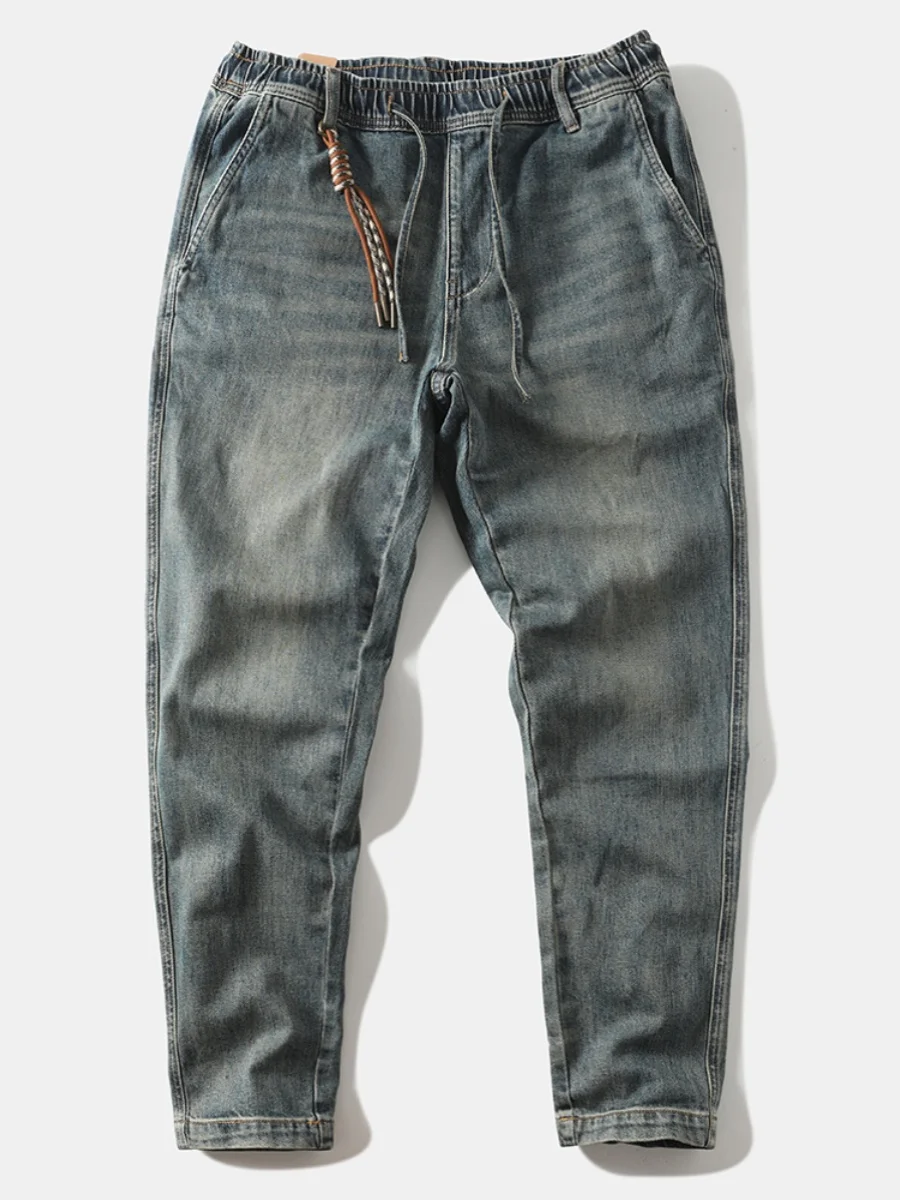 

American Sle Vintage Faded Men's Jeans Loose Casual Elastic Waist Cone aped Pants Spring Autumn Youth Trend Casual Loose Fit