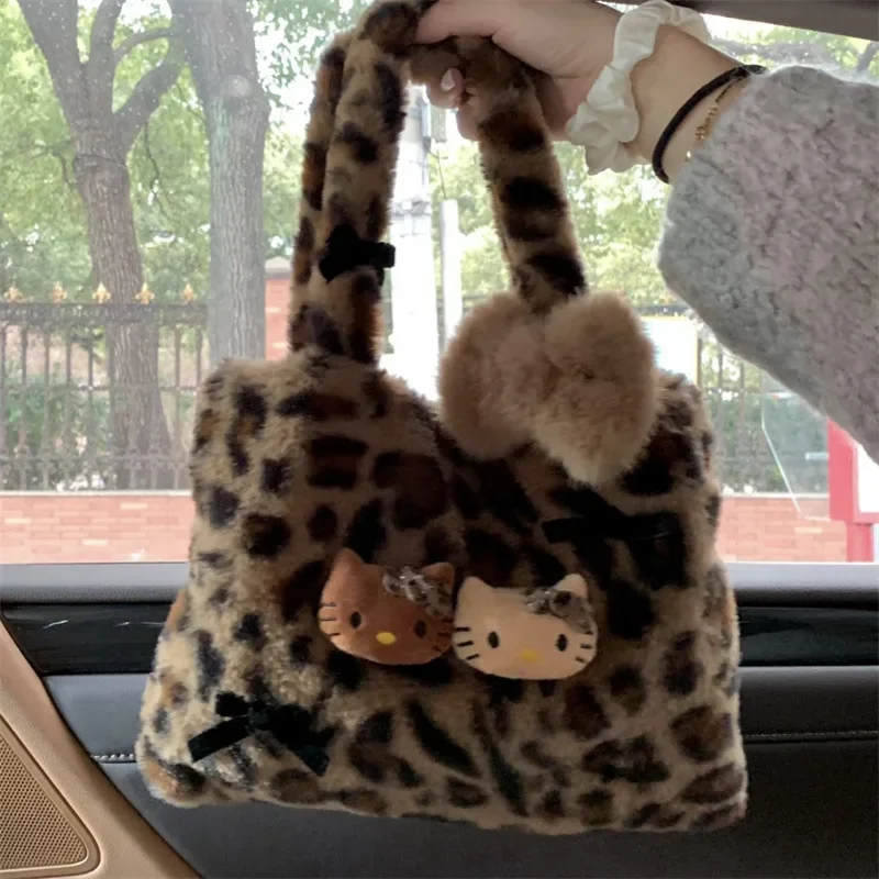 MBTI Y2k Leopard Womens Handbag Hello Kitty Vintage Soft Plush Shoulder Bag Fluffy Harajuku Style Fashion Cute Kawaii Female Bag