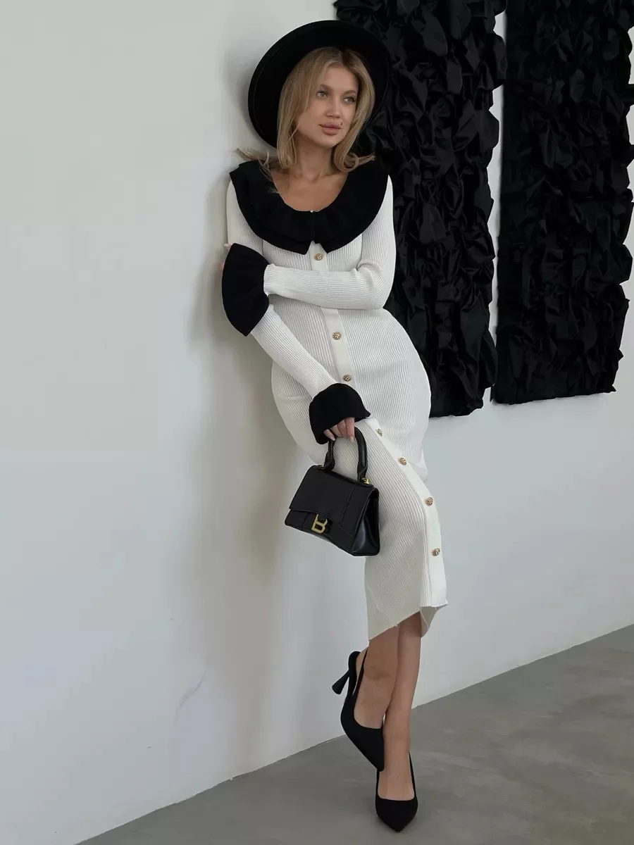 Fashion Knit Patchwork Long Dress Women's Ruffled Slim Elegant Contrast Ribbed Party Dress Knitwear Autumn Maxi Dress New