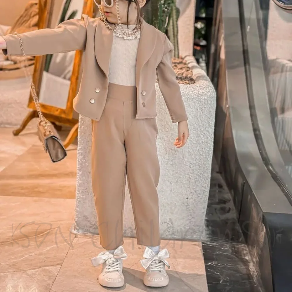 

Khaki Kids Girls Suit Tailored Shawl Lapel Children's Clothing Girl 2 to 5 Years Formal Occasion Costume Two Piece Jacket Pants