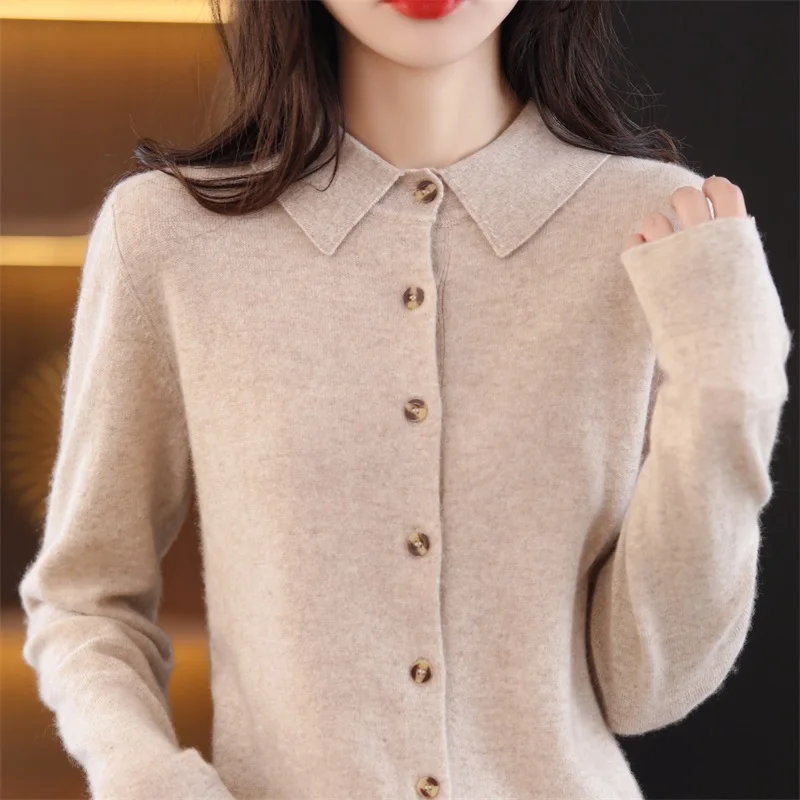 

100% Wool Cashmere Korean Style Turn-down Collar Knitted Sweaters Women Cardigan Fashion Casual Long Sleeve Shirt Tops