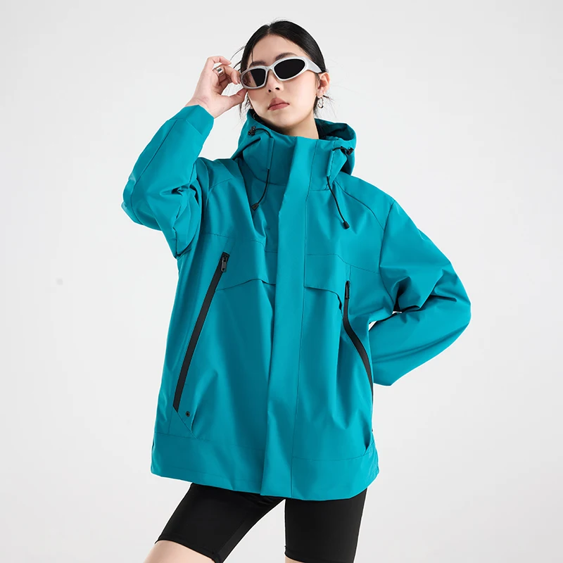 Women Loose Hooded Waterproof Windbreaker Casual Windproof Zipper Pocket Jackets Outdoor Hiking Camping Travel Outerwear Coat