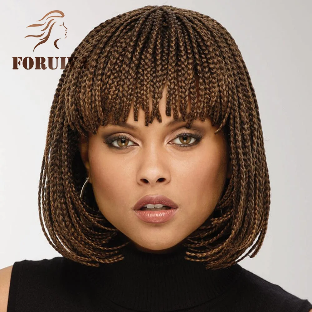 Foruiya Box Braid Wig Synthetic Short Bob Wig Box Braided Wig With Bangs Cornrow Braided Wig For Black Women 10 inches